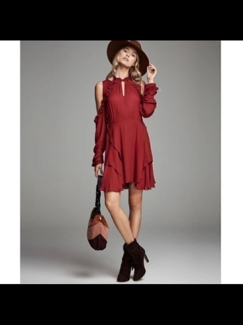 IRO Burgundy Hanie Cold-Shoulder Ruffle Mini Dress Size 38